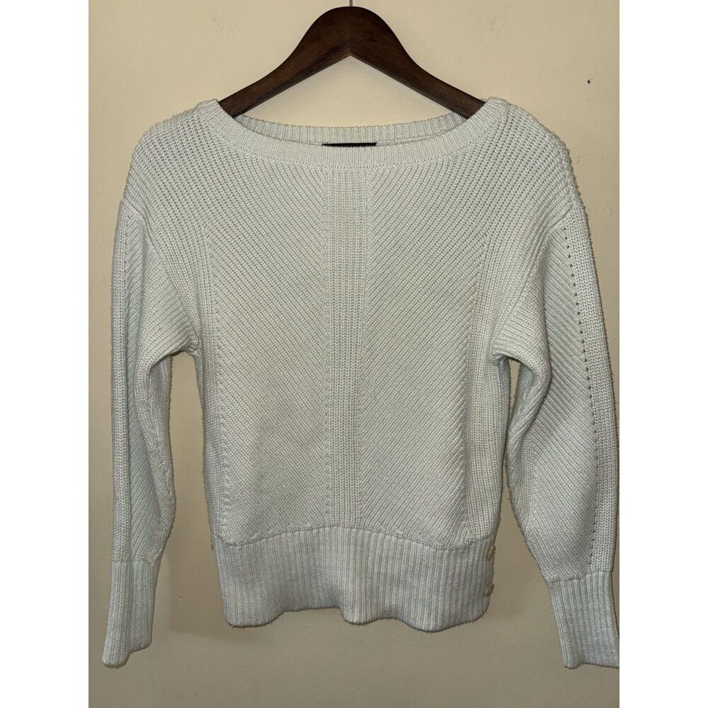 Ann Taylor Petite SP Cream Chevron Knit Sweater Side Button Accent Cotton Blend